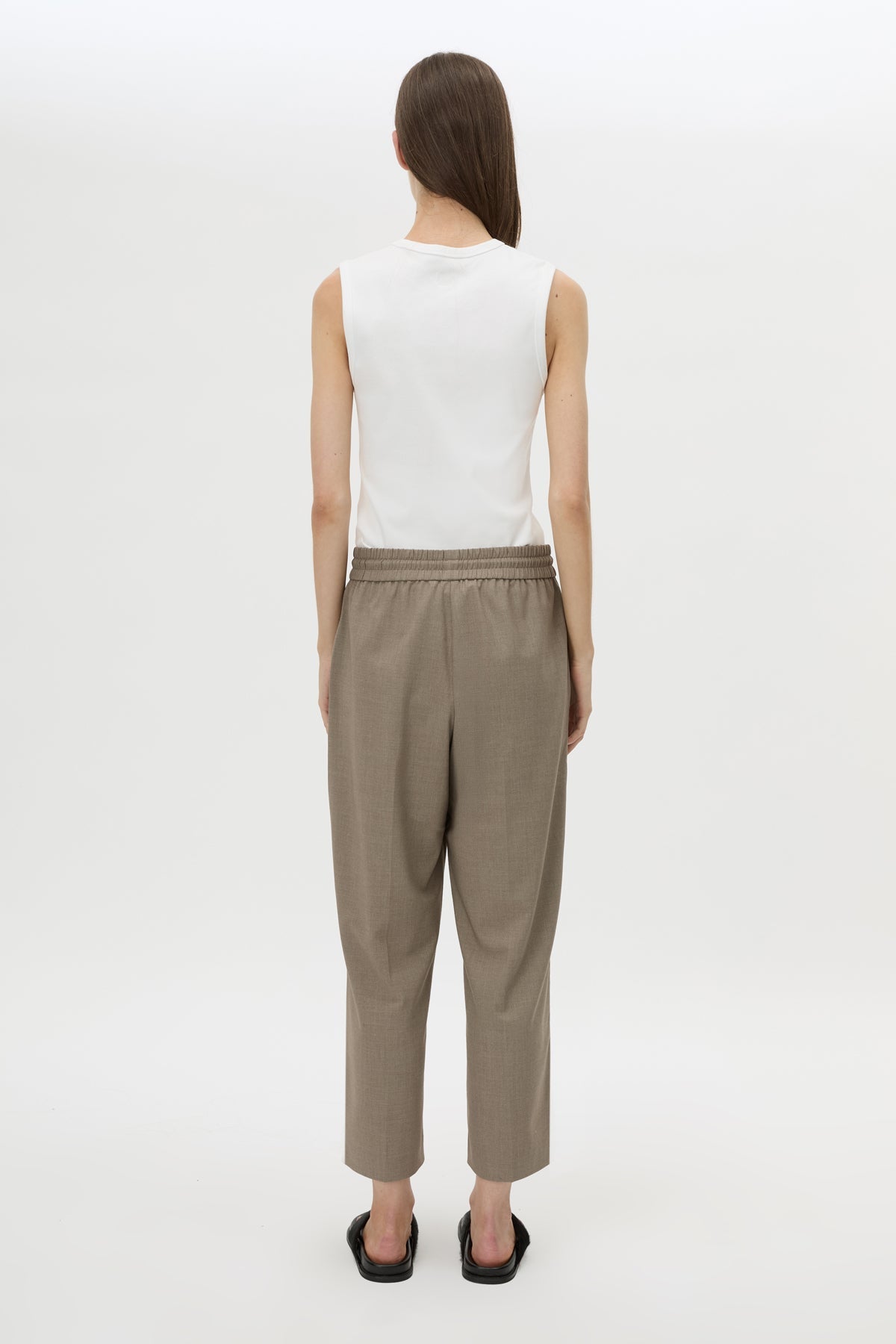 Back view CAMILLA AND MARC Vector Crop Pant in Mocha Brown with soft suiting fabrication.