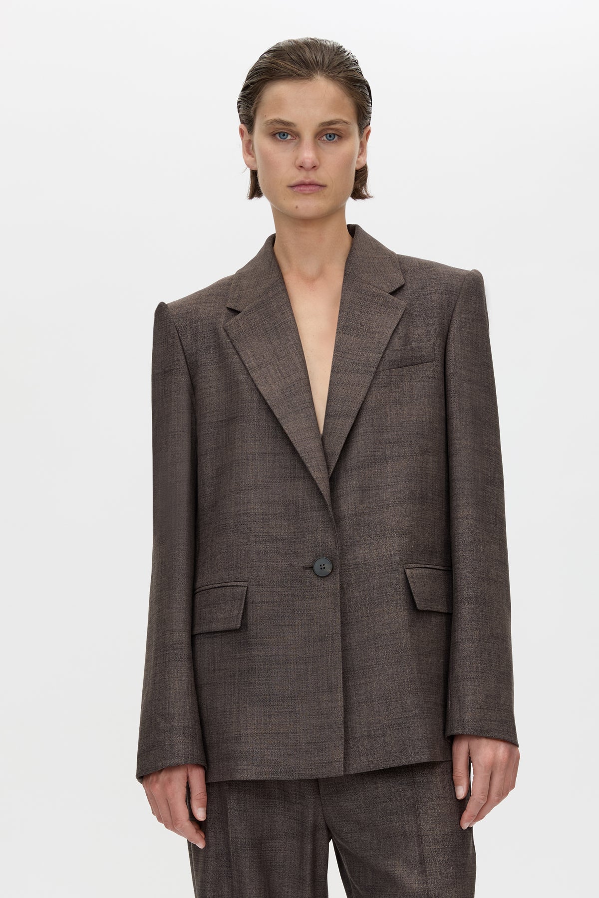 Cropped view CAMILLA AND MARC Verna Relaxed Fit Blazer in Chocolate, crafted in an Australian wool, linen and silk twill blend.