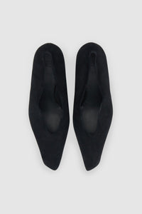 Top view CAMILLA AND MARC Wave Pump in Black suede with narrow square toe and angled heel.