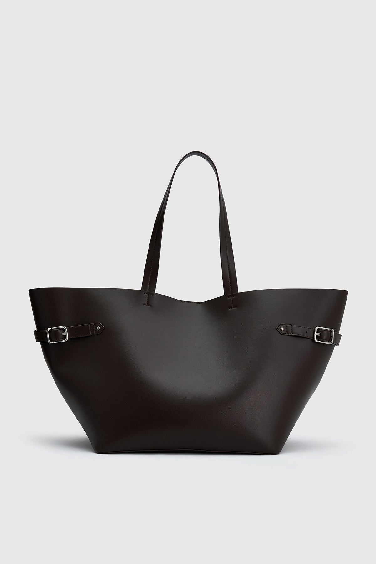 Ghost view CAMILLA AND MARC Willa Tote in Chocolate Brown with side strap and buckle detailing and magnetic button closure.