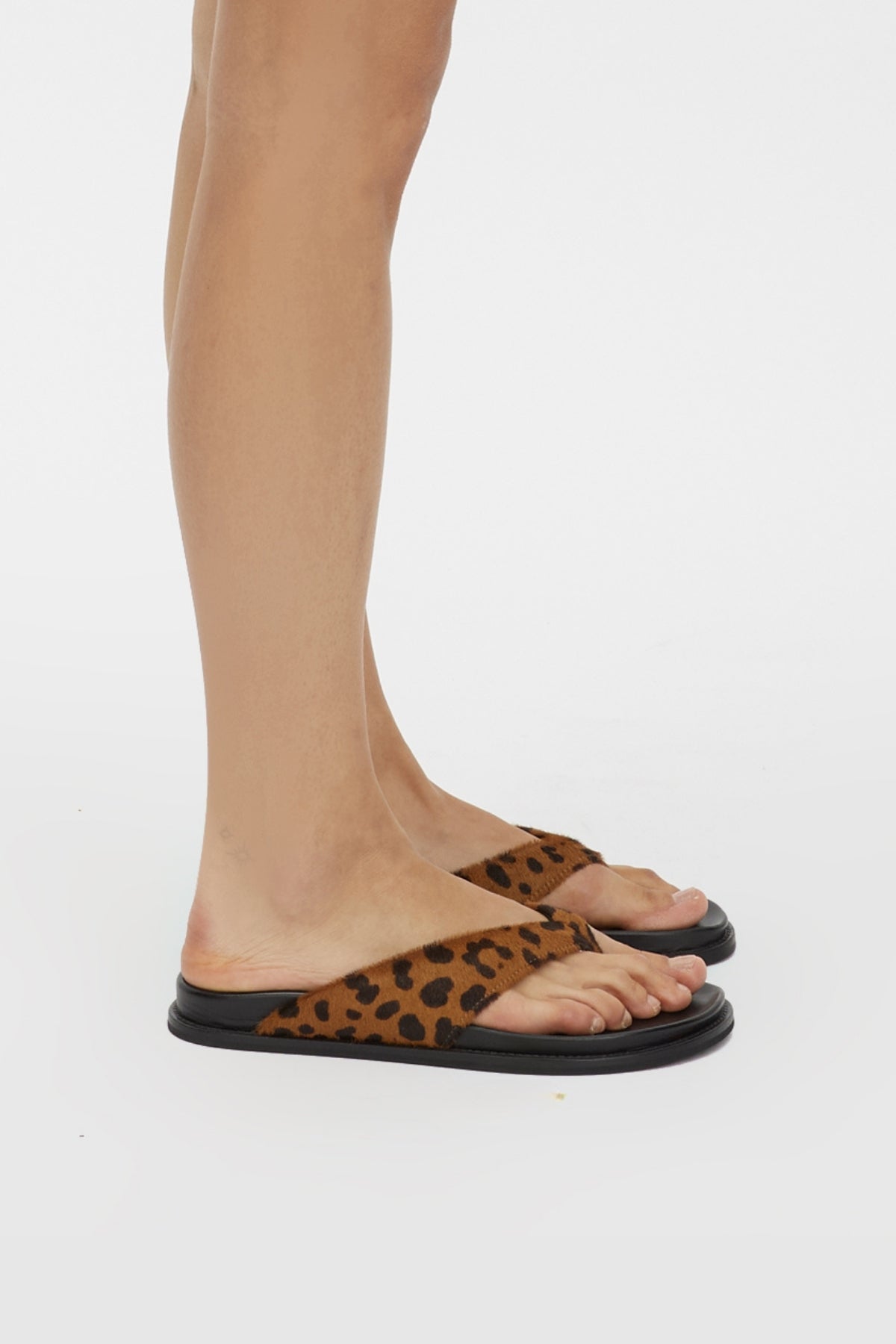 Side view CAMILLA AND MARC Zita Leopard Pony Sandal on foot.
