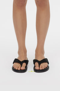 Front view CAMILLA AND MARC Zita Pony Croc Sandal in Black on foot.