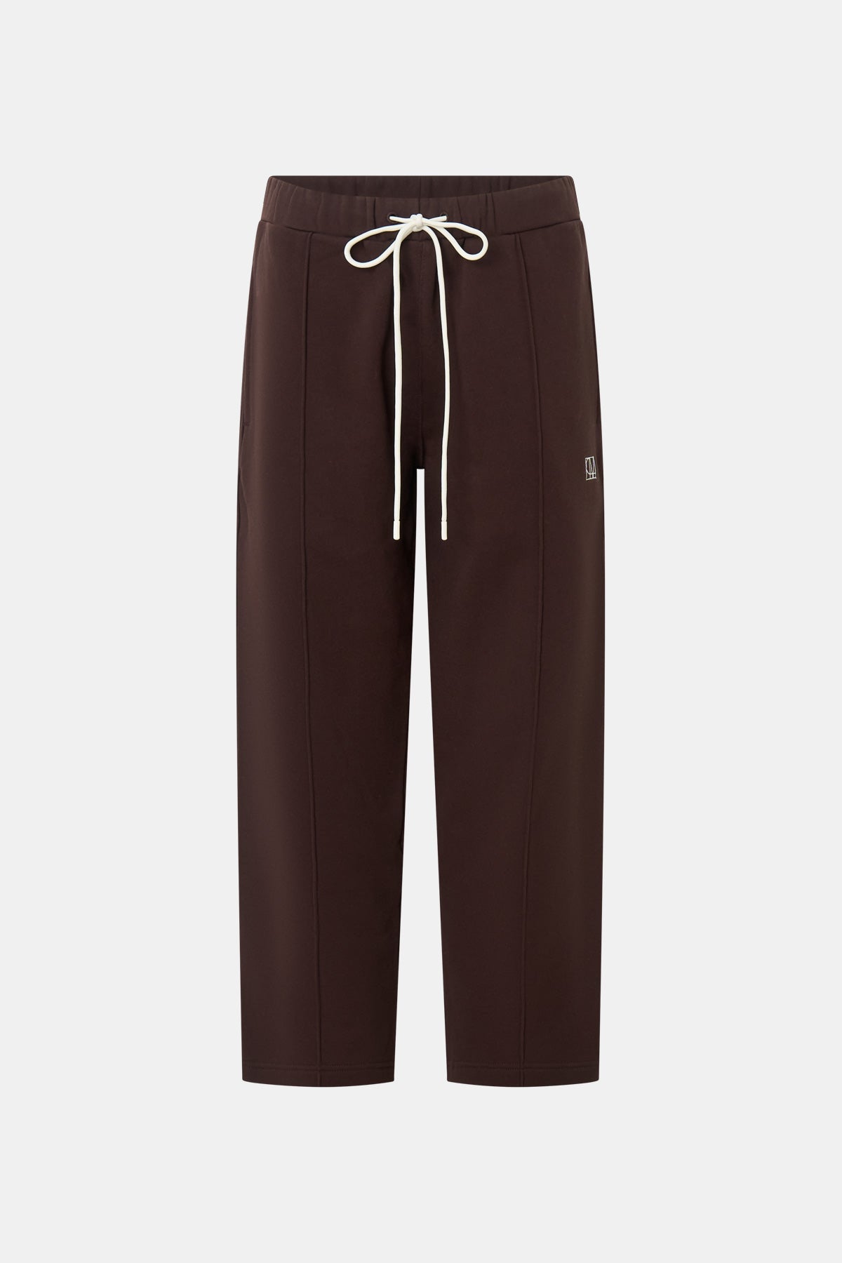 Ghost view CAMILLA AND MARC Zylus straight-leg tracksuit pant in chocolate with embroidered monogram.