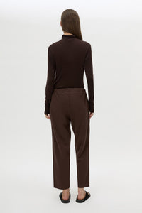 Back view CAMILLA AND MARC Zylus straight-leg tracksuit pant in chocolate with embroidered monogram.