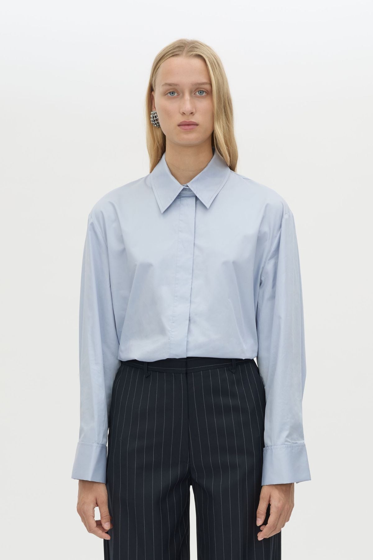 Cropped view CAMILLA AND MARC Tyler Long Sleeve Shirt in Sky Blue with relaxed fit.