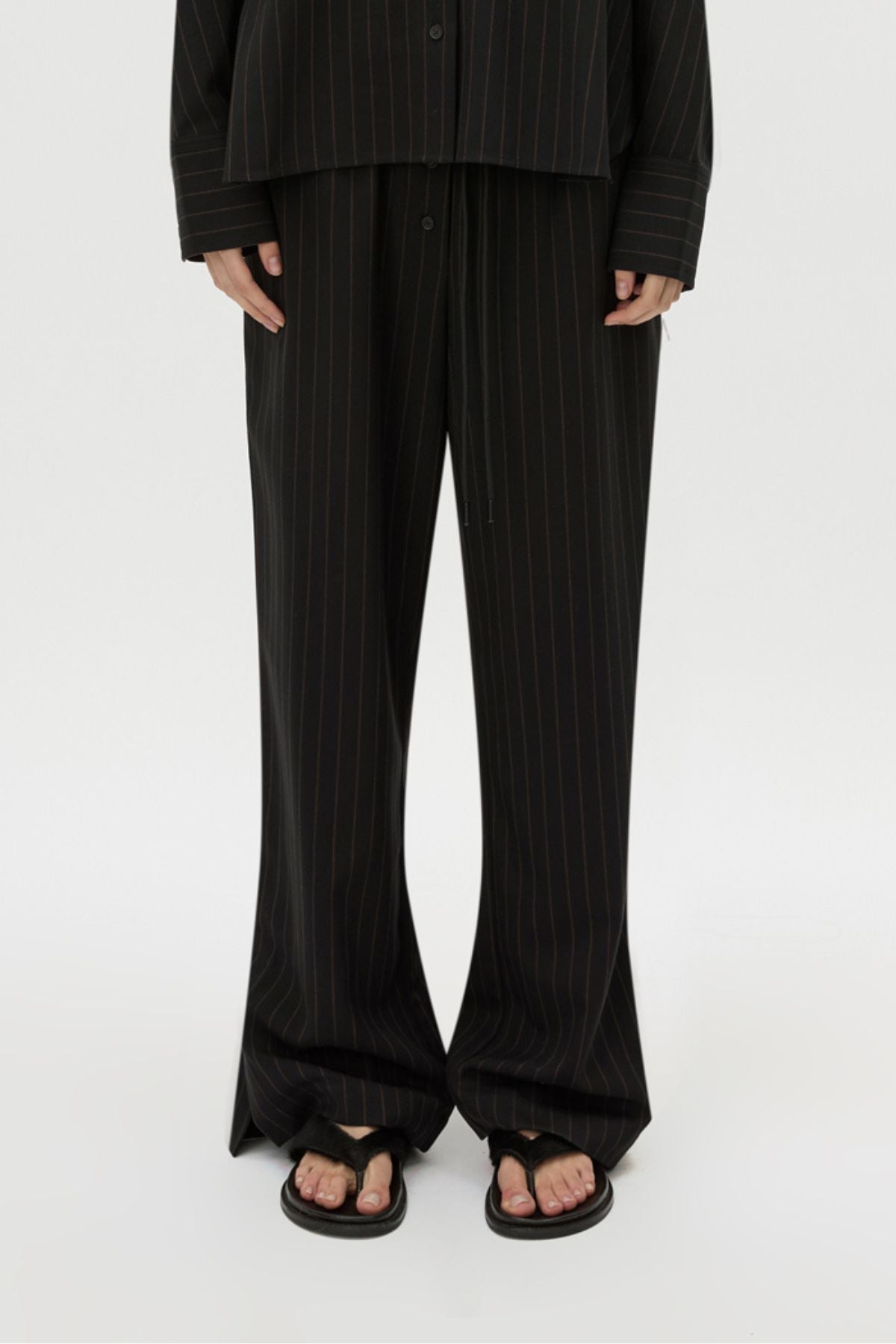 Cropped view CAMILLA AND MARC Sedona Stripe Pant in Black Stripe with relaxed fit and adjustable waistband.